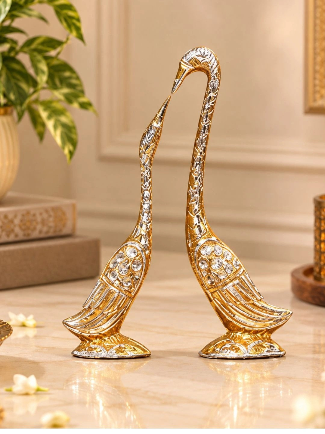 Artisyn Cute Swan Love Birds Gold Metal Metallic Living Room Small Showpiece - 7.1 Inches