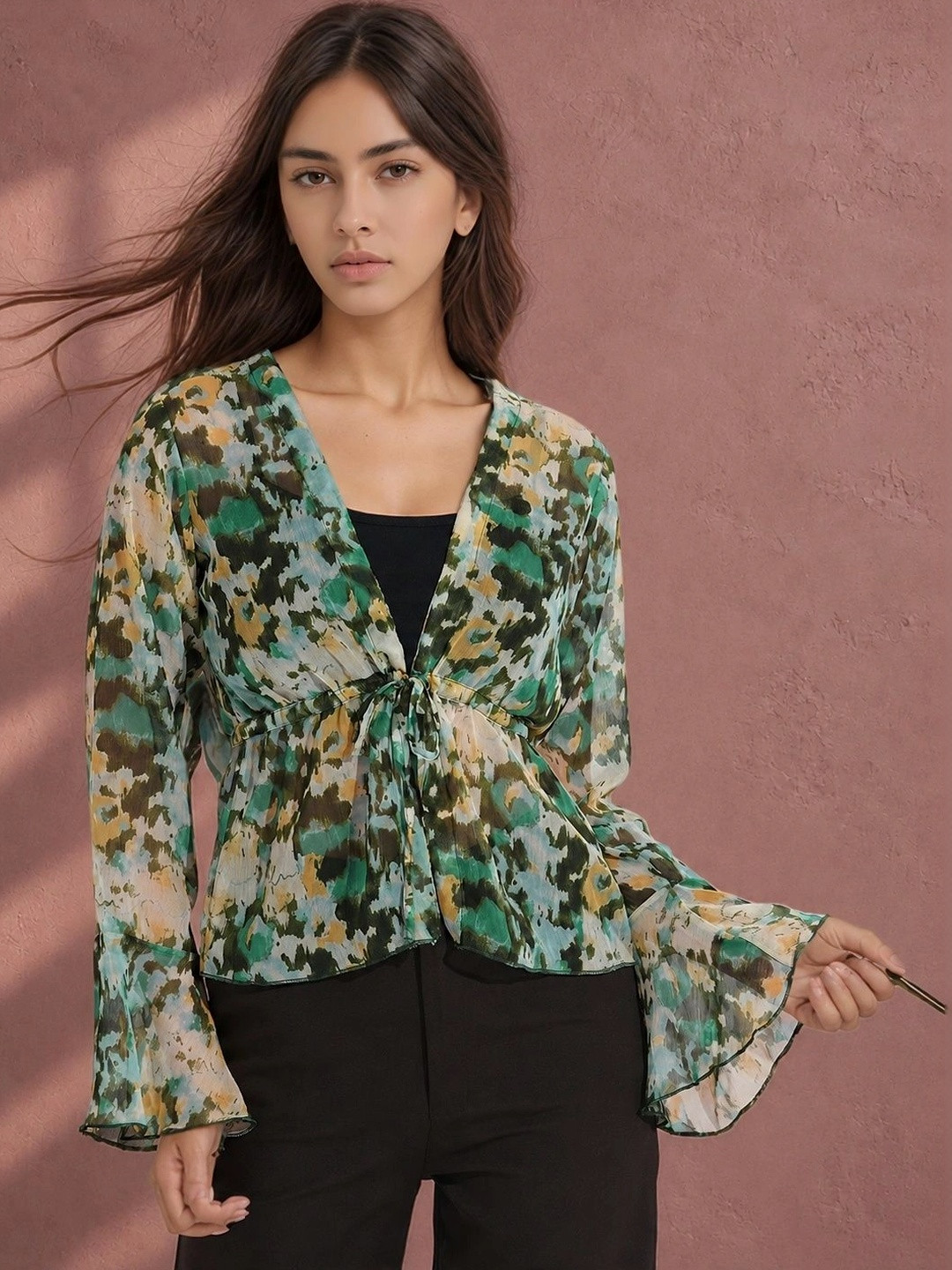 Fashfun Abstract Printed Tie Up Detail Bell Sleeve Empire Top