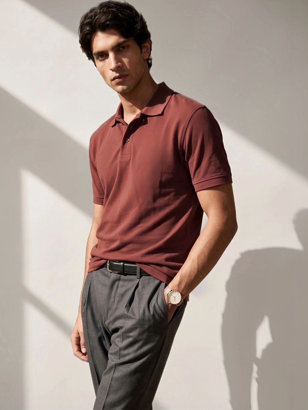 Styli Men Brown Solid Polo Collar Short Sleeves Regular Fit Polyester T Shirt
