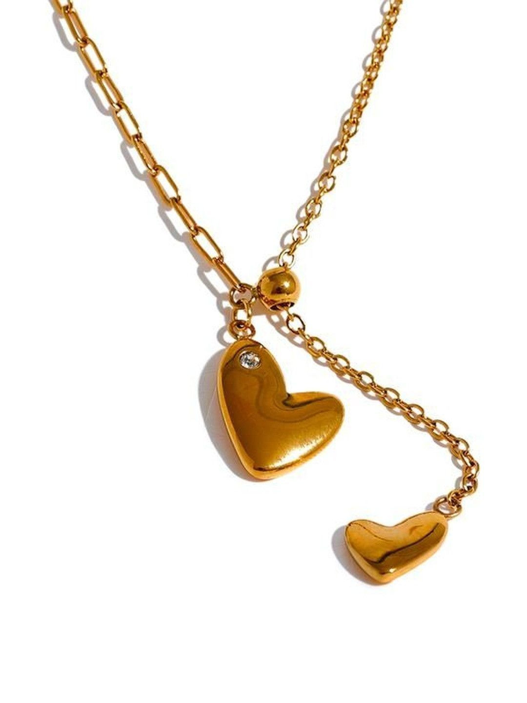 DIVING SWAN Women 18K Thick Gold Plated Ira Double Heart Drop Necklace