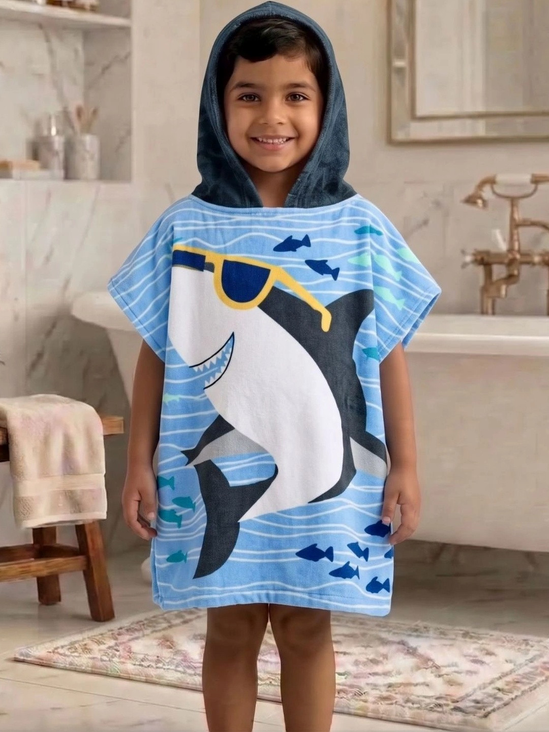 Athom Trendz Cool Baby Shark Cotton 350GSM Super Soft Kids Thin Bath Towel-24x47In
