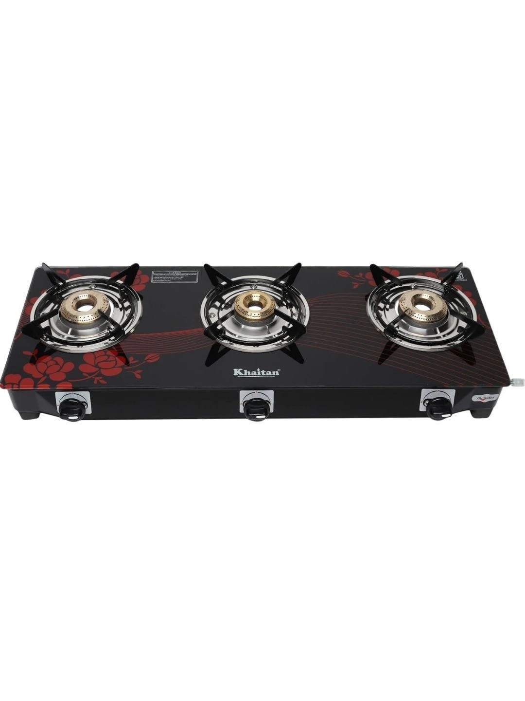 Khaitan Black & Red Digital Printed Toughened Glass 3 Burners Manual Gas Stove