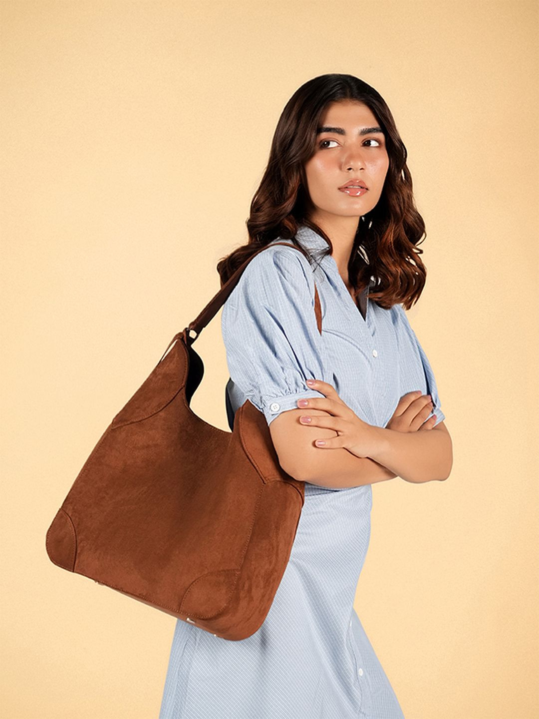 Theater Fudge Solid Suede Large Half Moon Hobo Bag