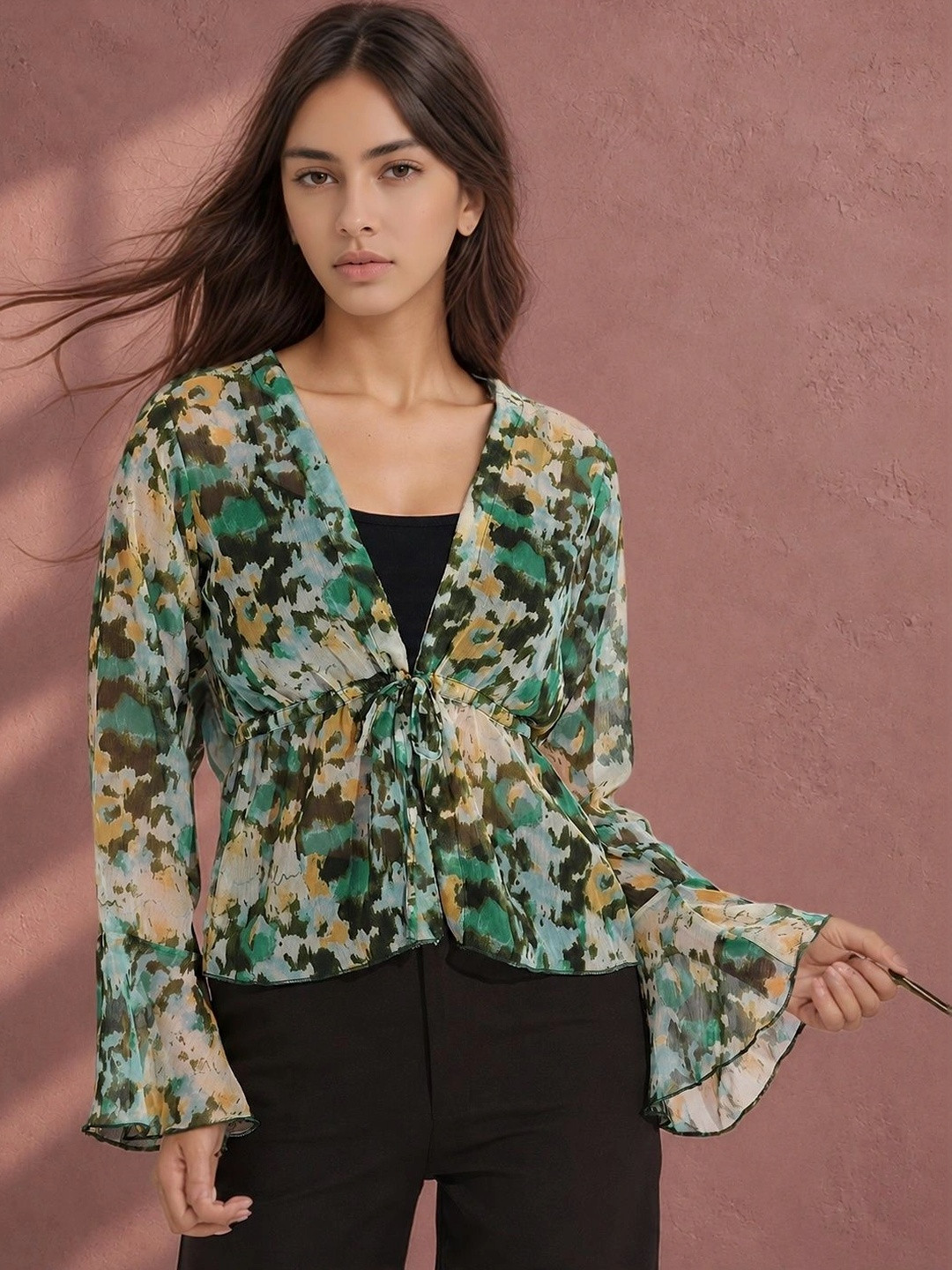 Fashfun Women Abstract Printed Bell Sleeve Chiffon Peplum Top