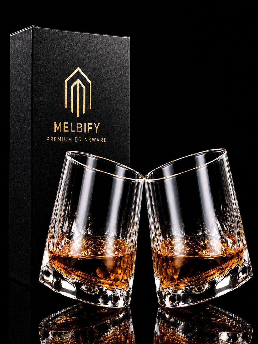 MELBIFY Transparent 2 Pieces Diamond Rotating Whiskey Glasses 300 ml
