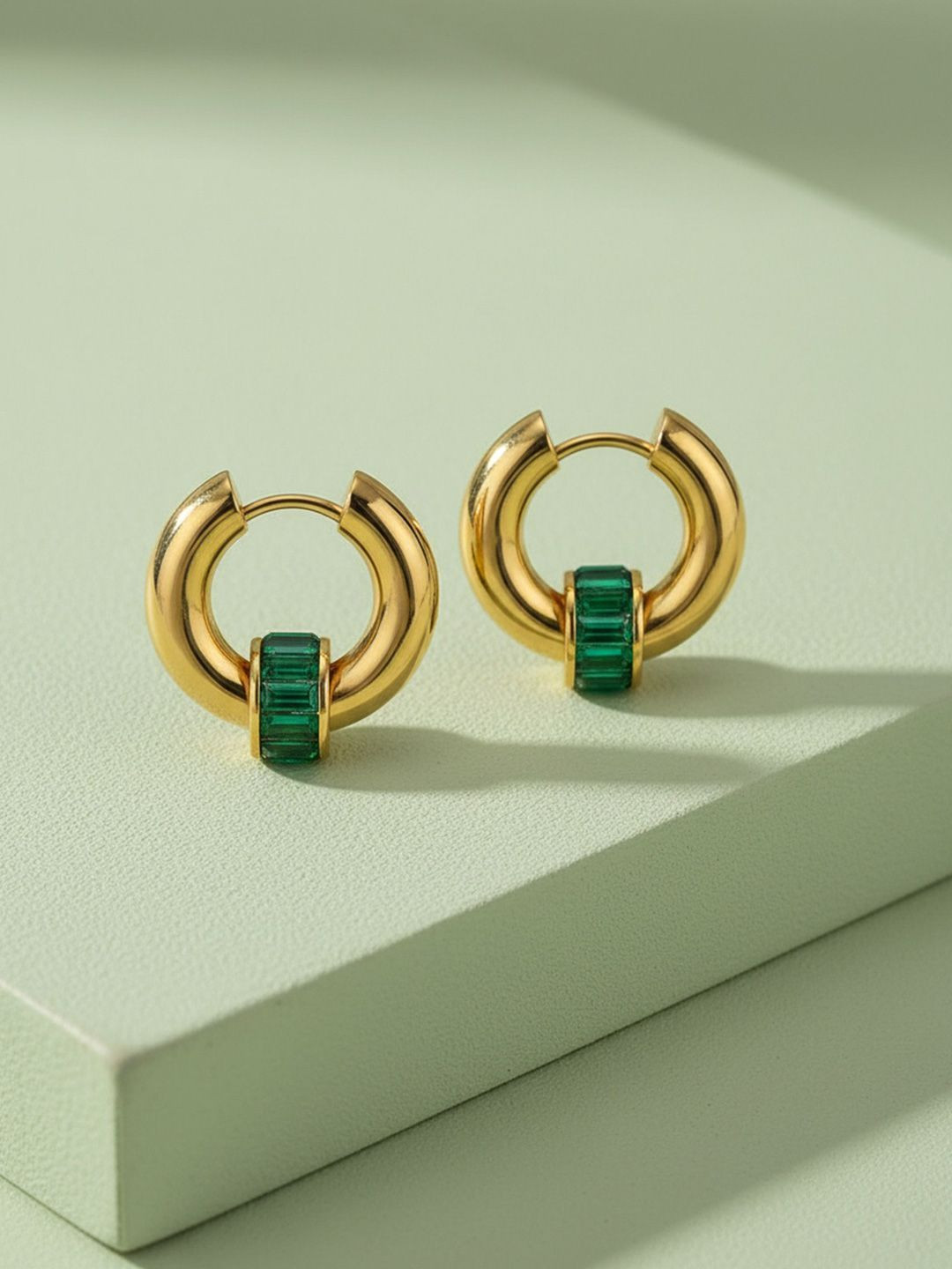 ELRA 18k Gold Plated Stainless Steel Waterproof & Anti-Tarnish Emerald Halo Earrings