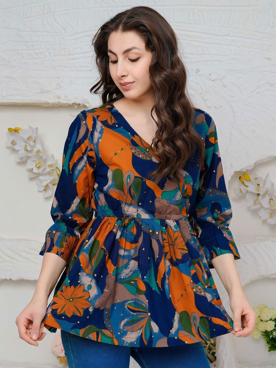 Threadflix Floral Print Cotton Wrap Top