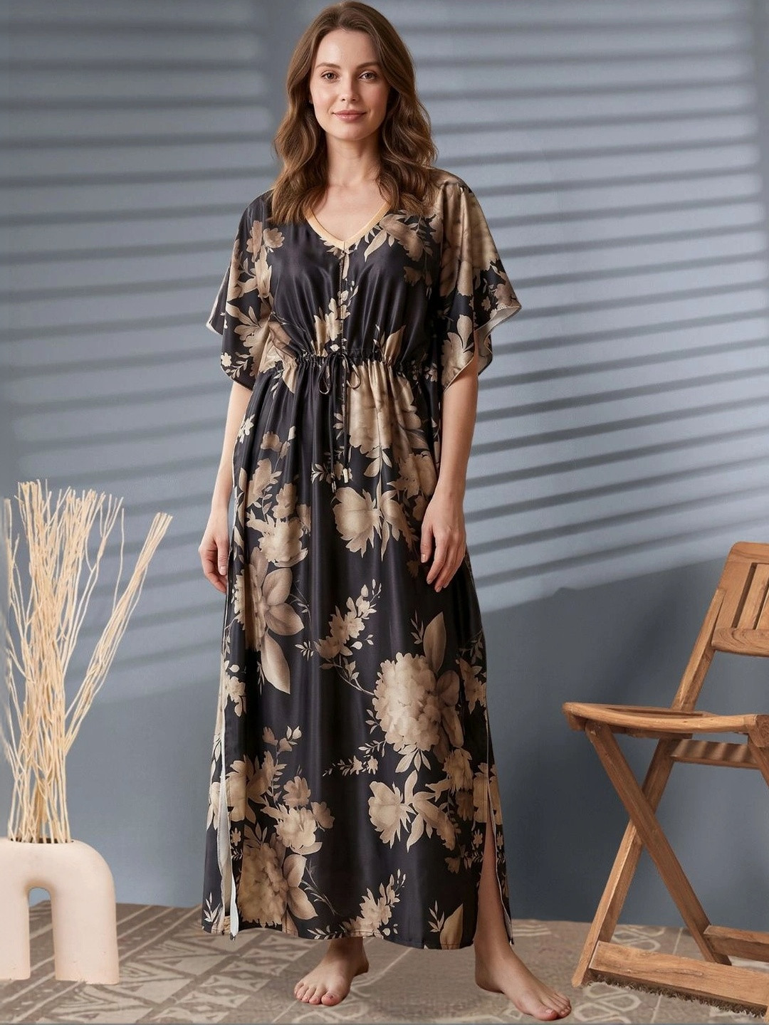 DressBerry Women Black Floral Graphic Printed V-Neck Kaftan Nighty