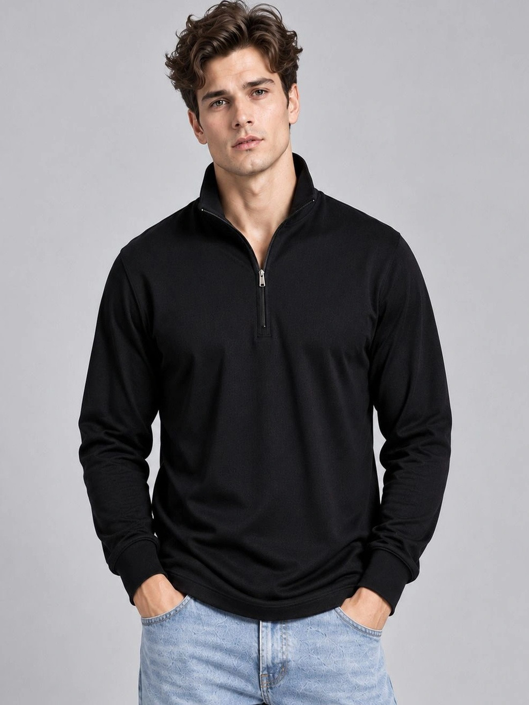 VILLAIN Men High Neck Half Zipper Sweatshirt