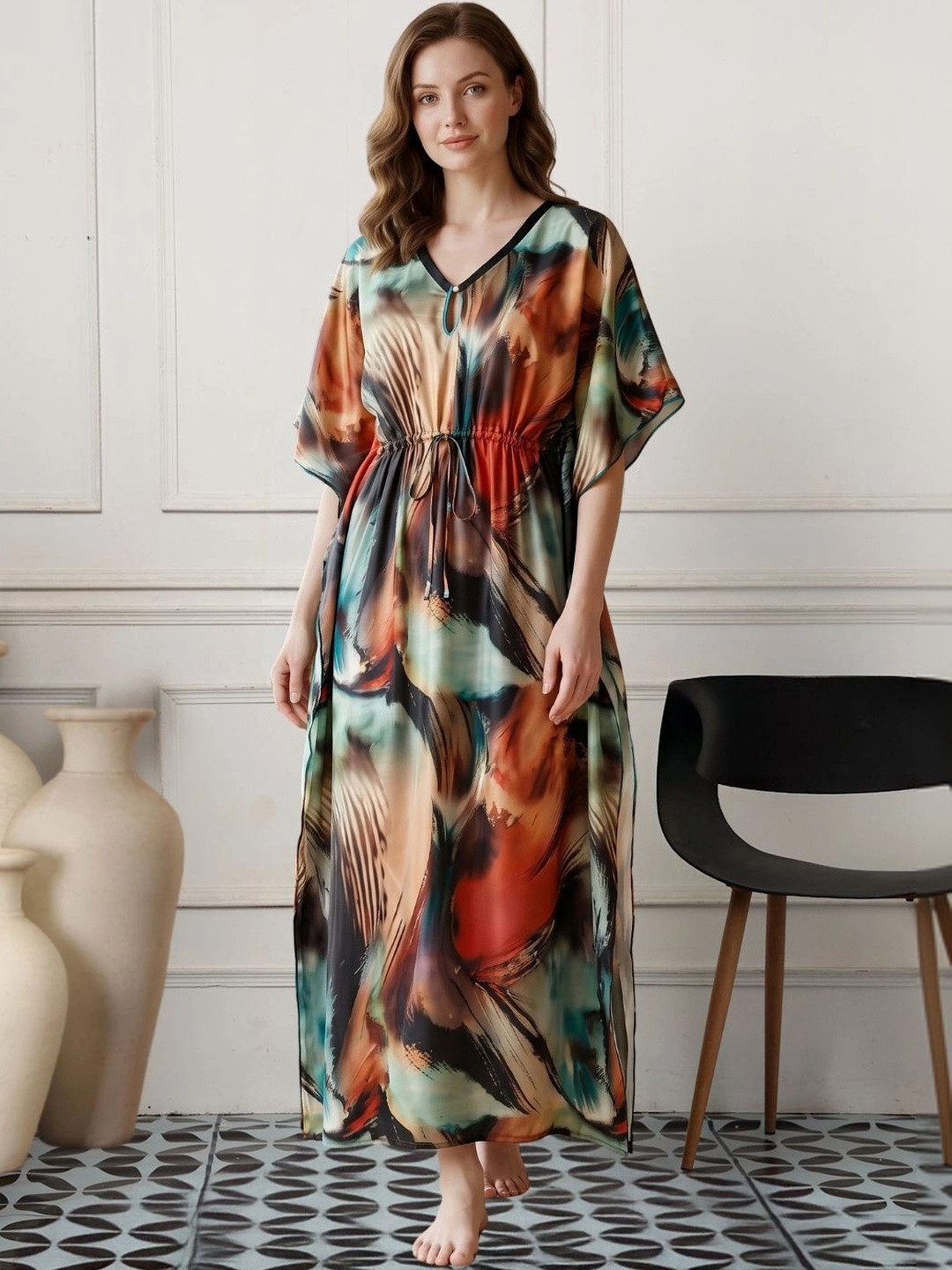 ETC Women Printed V-Neck Satin Kaftan Nightdress