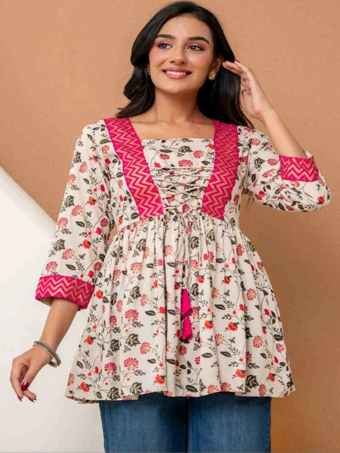 INDIANIC Women Floral Printed V-Neck A-Line Kurti