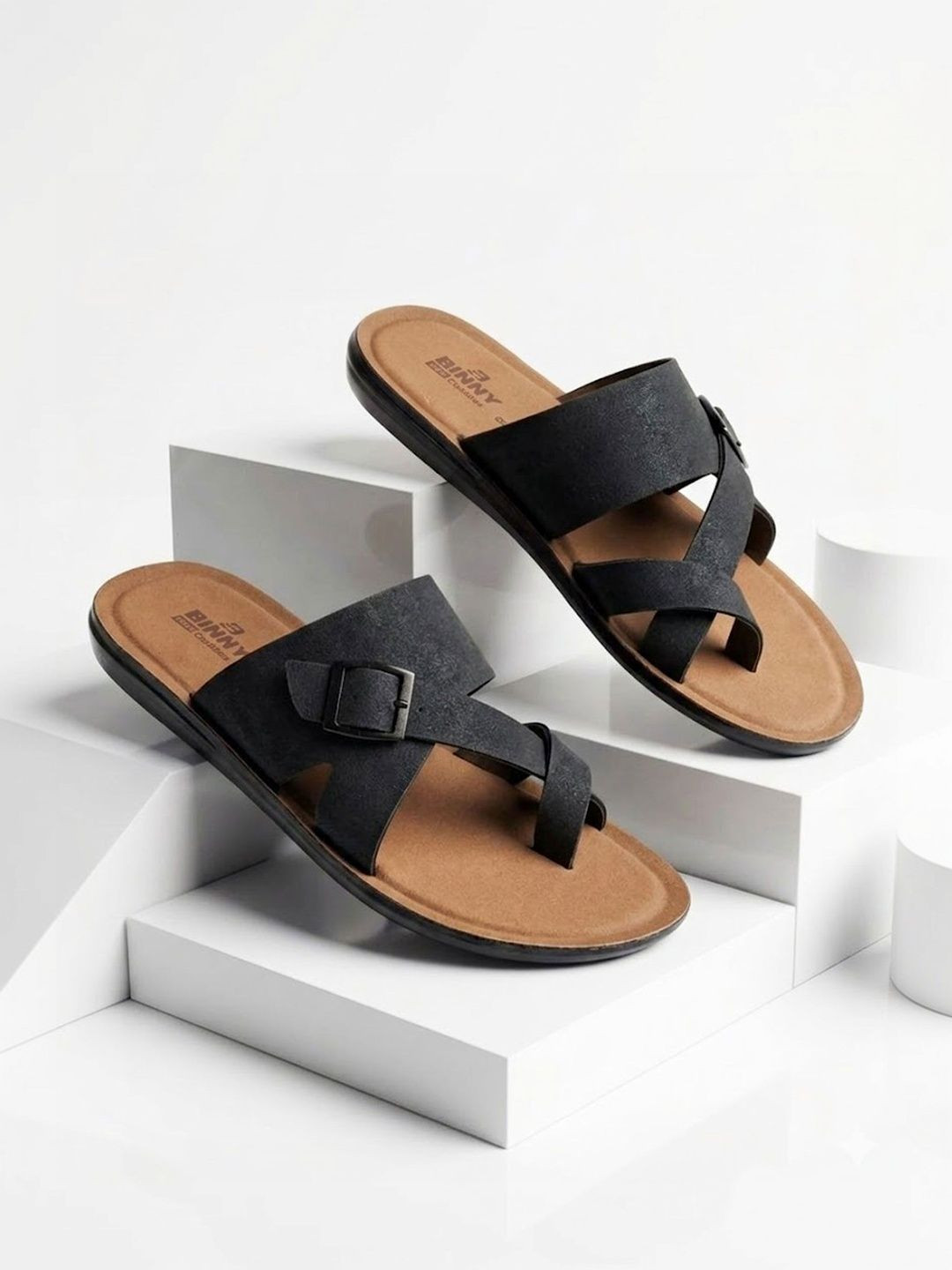 Binny Men Black Synthetic Comfort Toe-Ring Sandals With Buckle Strap