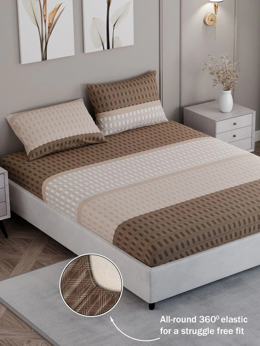 BLISSHOME Brown Geometric 150 TC King Bedsheet with 2 Pillow Covers