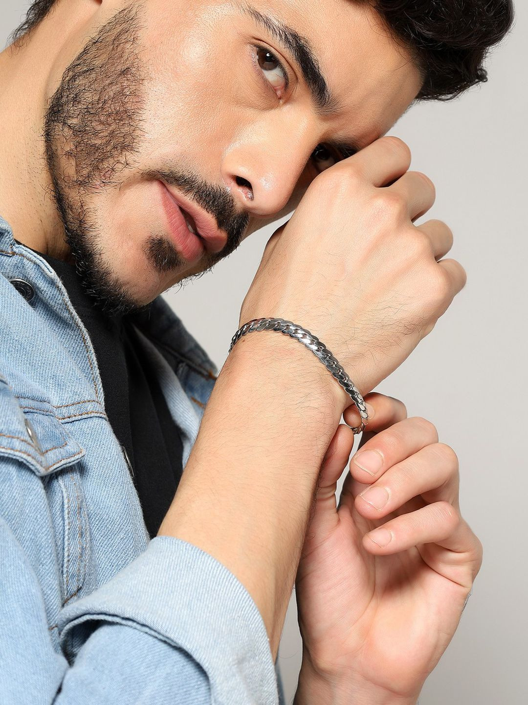 Jewelor Men Silver-Plated Stainless Steel Cuban Link Chain Bracelet