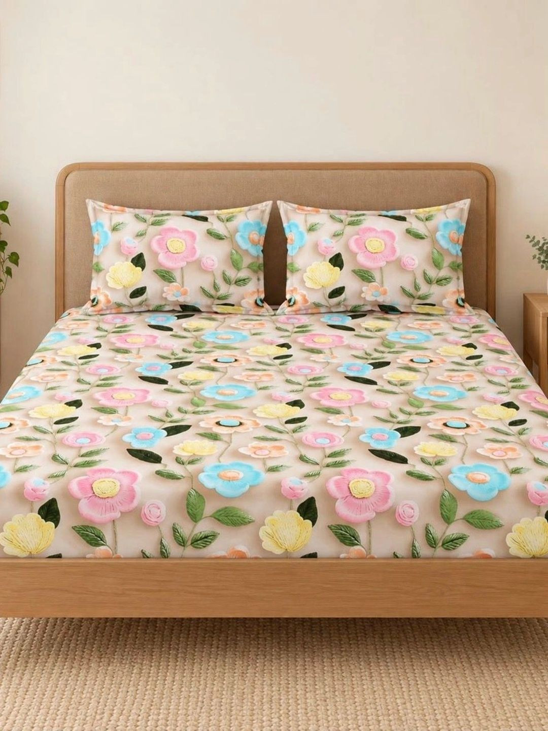 Homio White Floral 250 TC King Bedsheet with 2 Pillow Covers