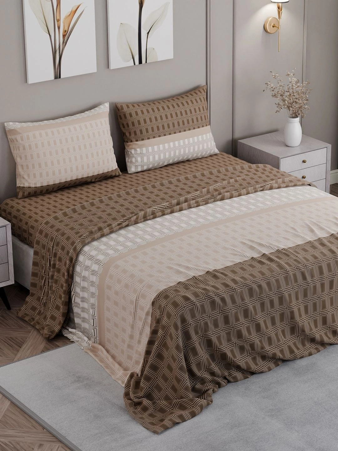 BLISSHOME Brown Geometric 150 TC King Bedsheet with 2 Pillow Covers