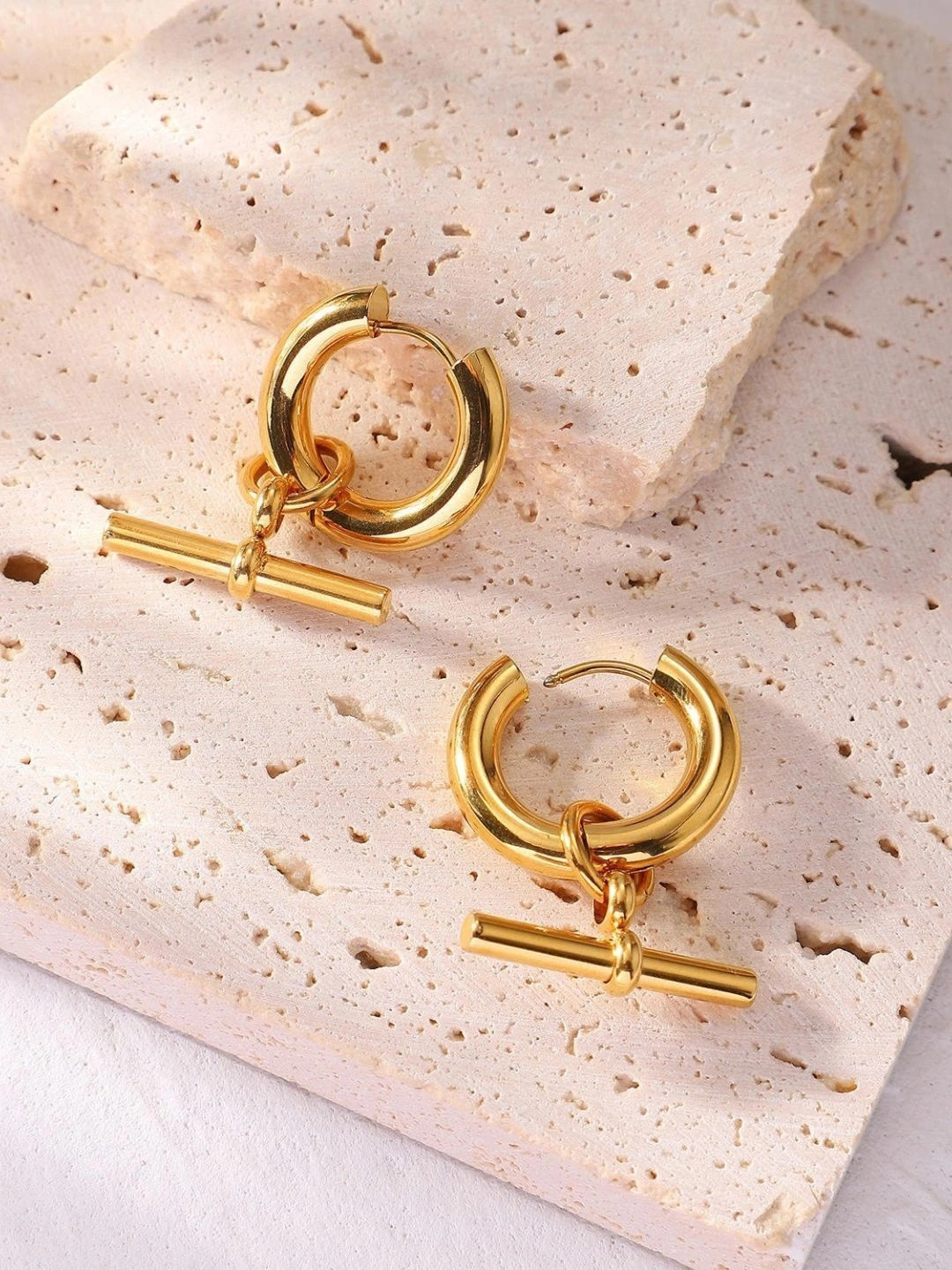DIVING SWAN Women 18K Thick Gold Plated Zia Bar Charm Hoops Earrings