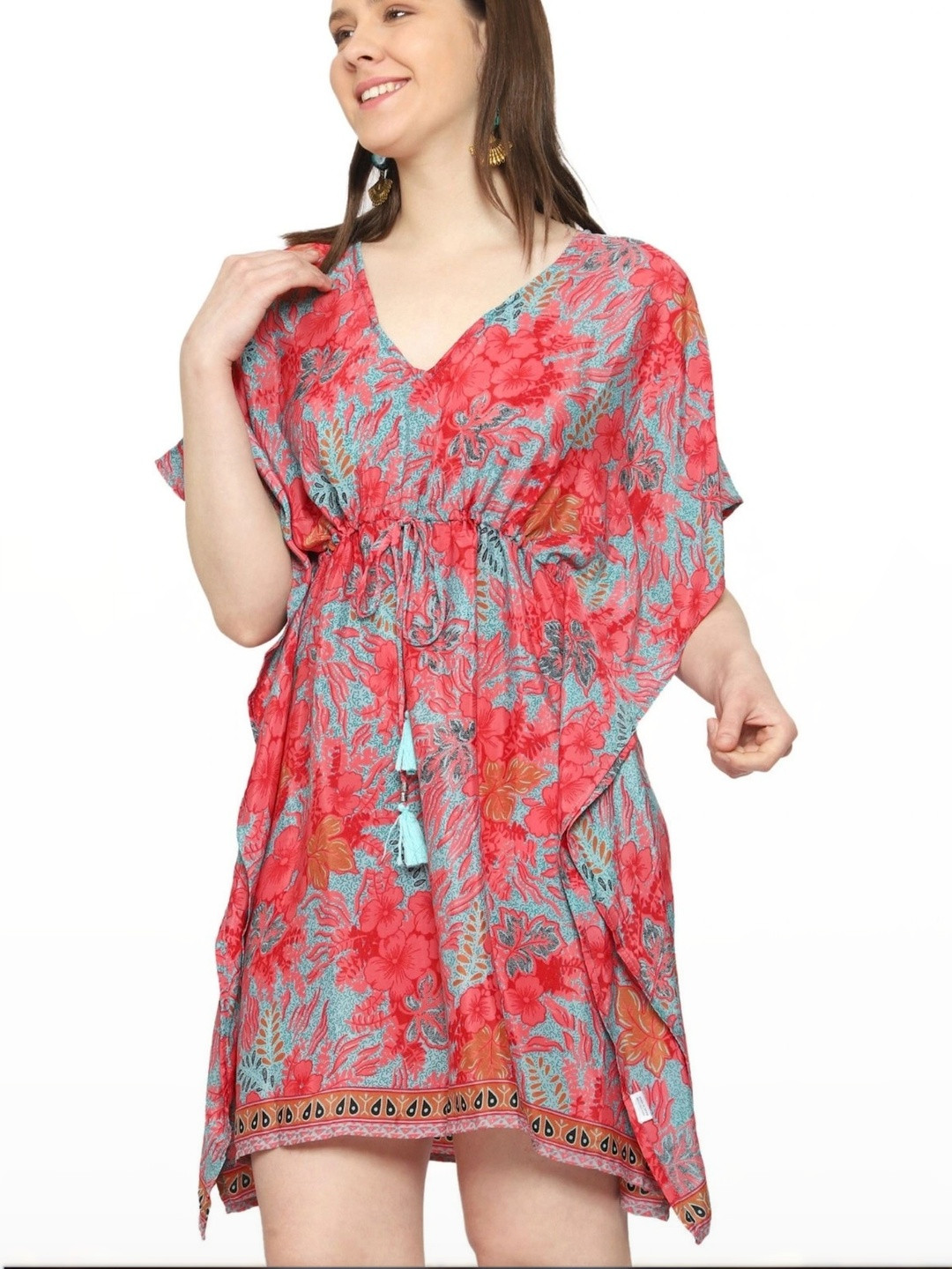 GALE GIRLS Floral Print Batwing Sleeve Kaftan Mini Dress