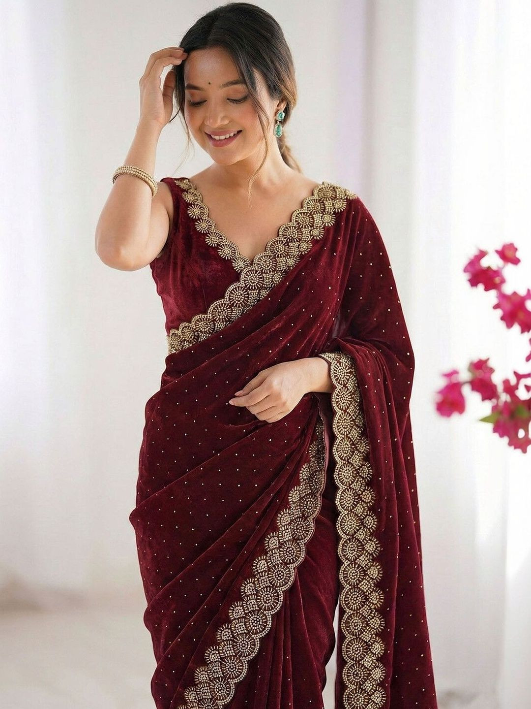 Satrani Embellished Embroidered Tissue Saree With Designer Blouse