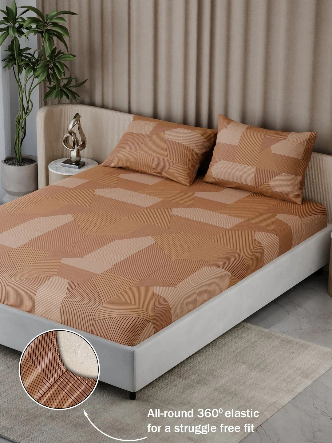 BLISSHOME Coffee Brown Geometric 150 TC King Bedsheet with 2 Pillow Covers