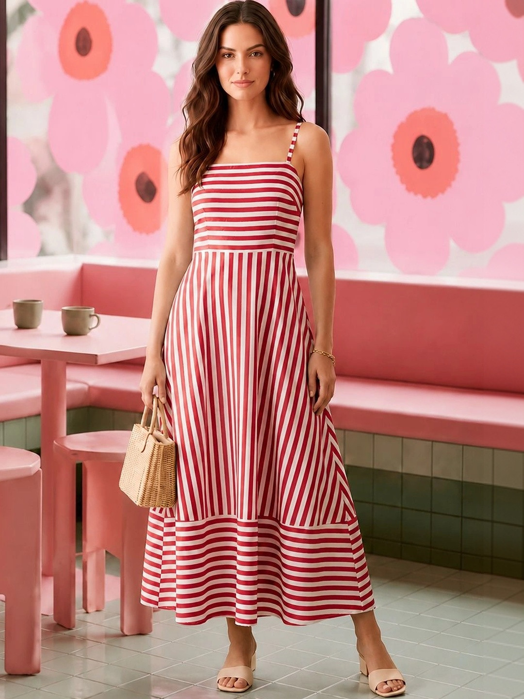 DressBerry A-Line Dress Red and White Striped Viscose Rayon Sleeveless Maxi Dress