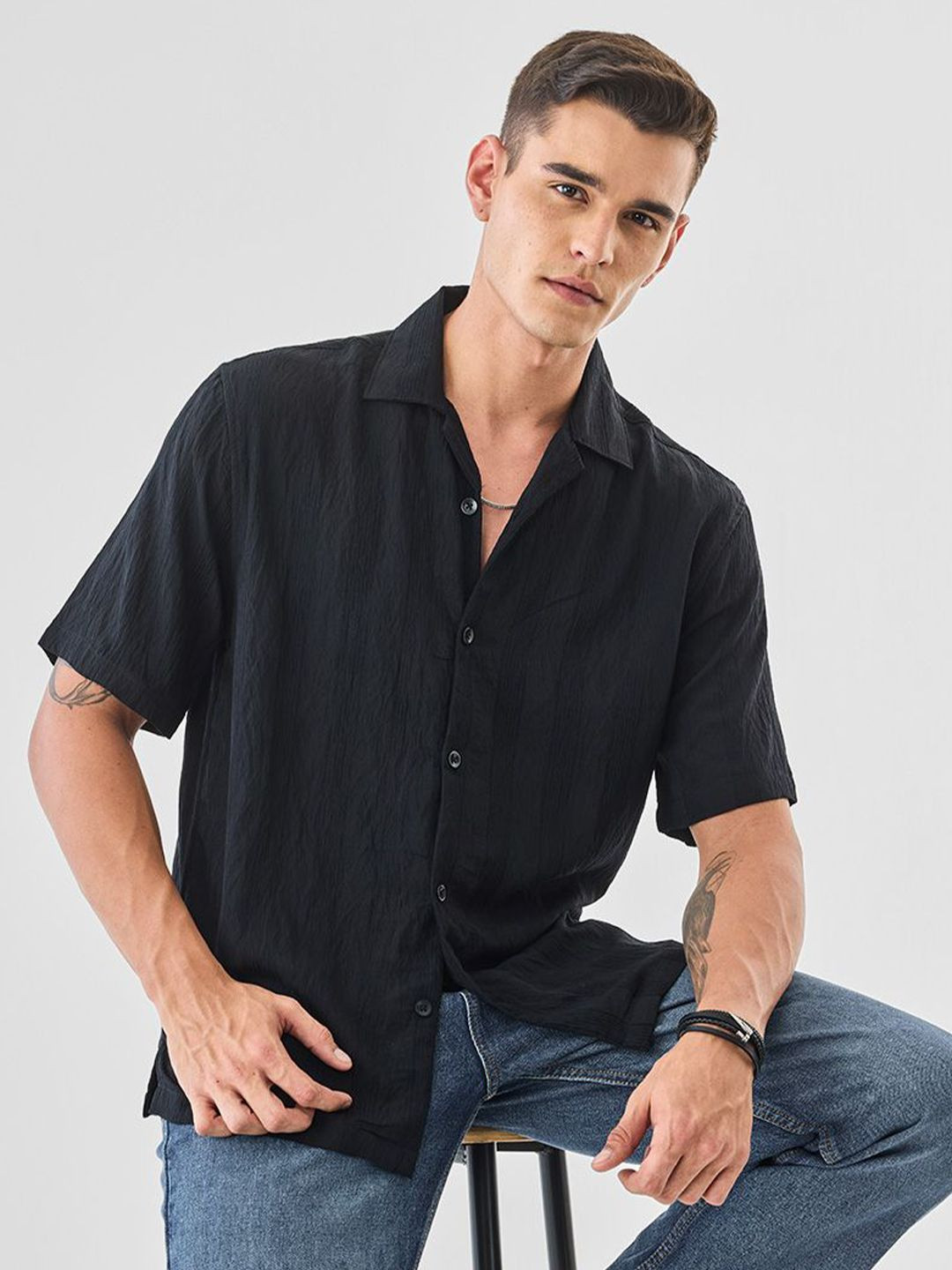Snitch Men Black Textured Shirt