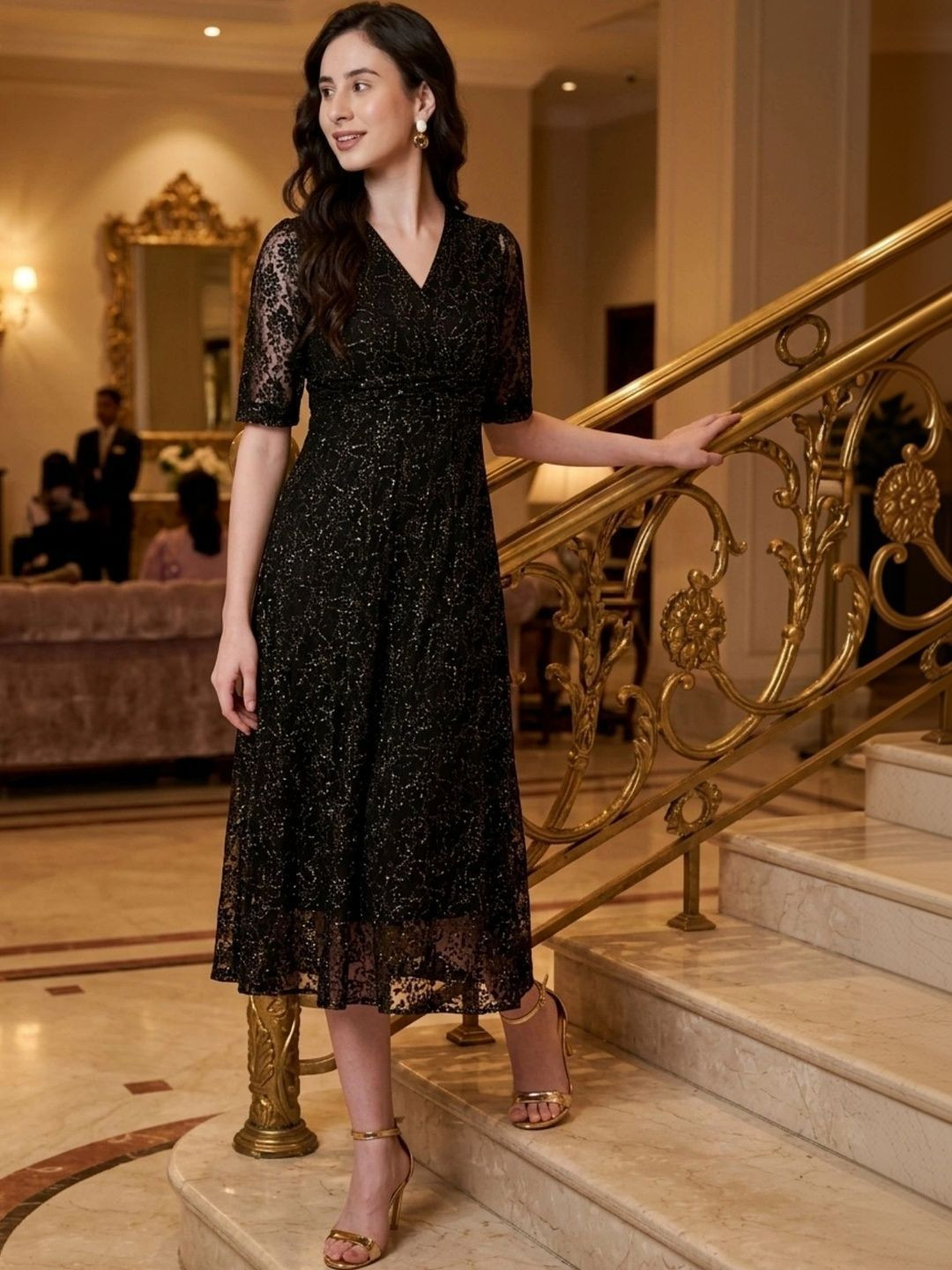 Justin Whyte Puff Sleeve Lace A-Line Midi Dress