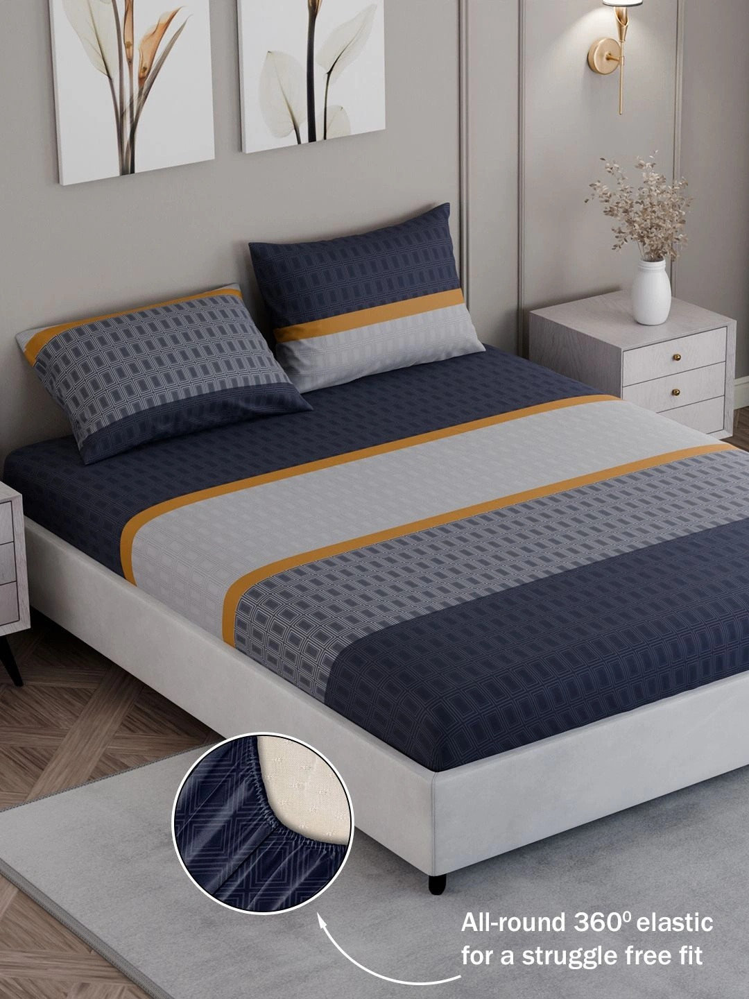 BLISSHOME Navy Blue Geometric 150 TC King Bedsheet with 2 Pillow Covers