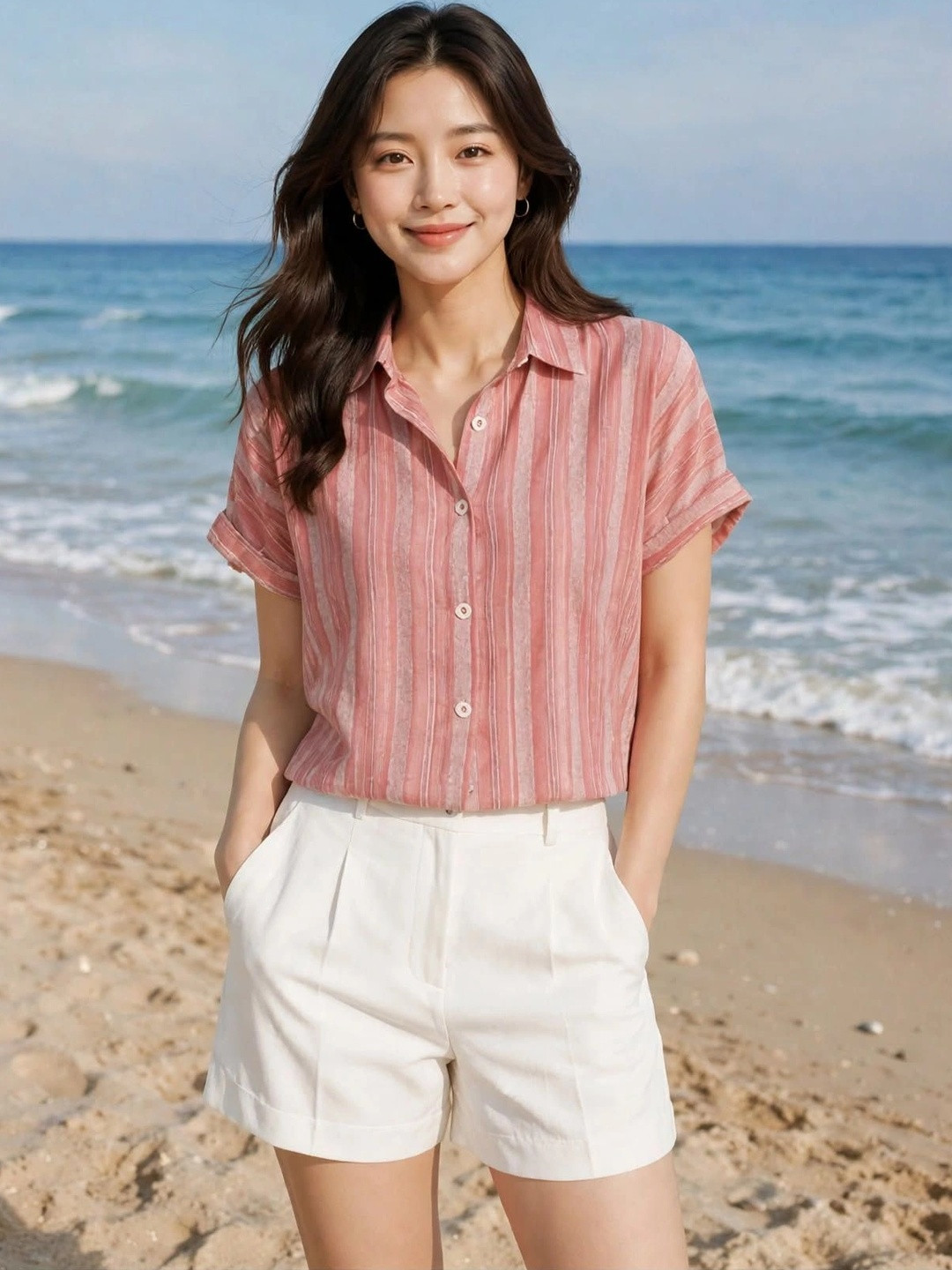 BIRDIE Women Pink Striped Collared Cotton Blend Relaxed Fit Cropped Top