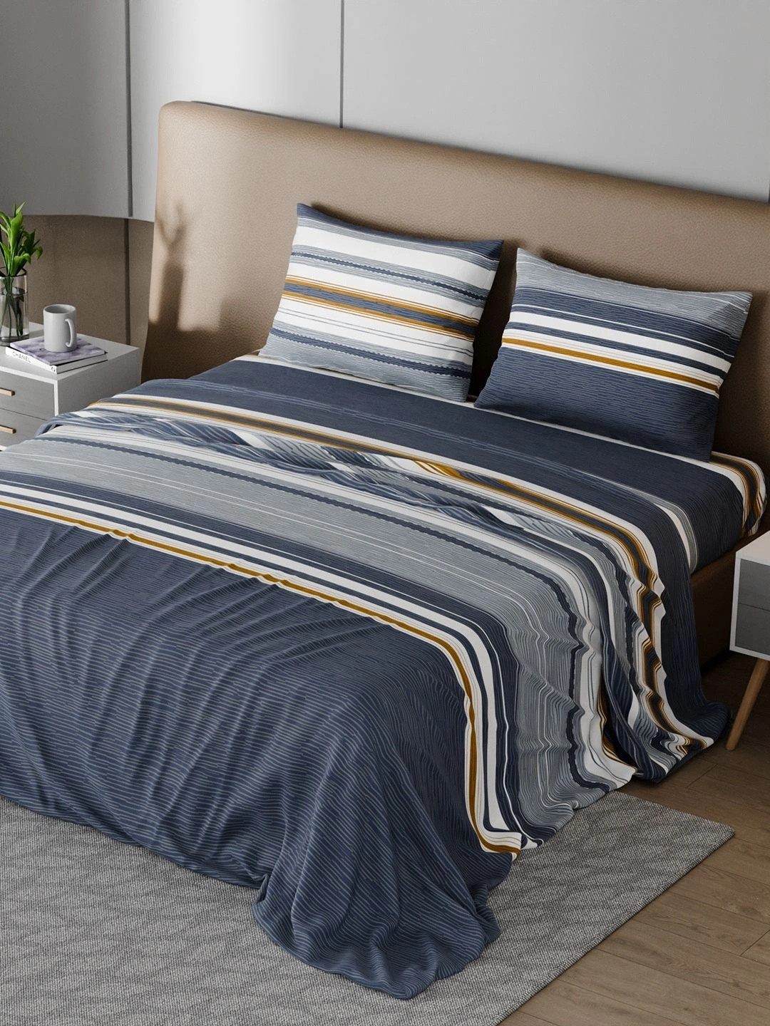 BLISSHOME Navy Blue Striped 150 TC King Bedsheet with 2 Pillow Covers