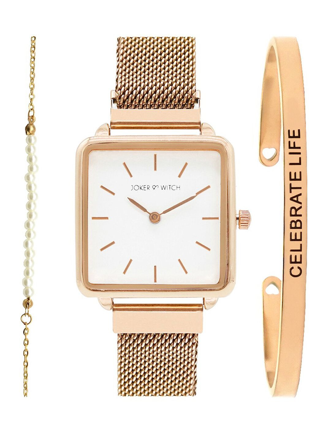 JOKER & WITCH Women White & Rose Gold-Toned Valentina Watch Gift Set - JWBS424