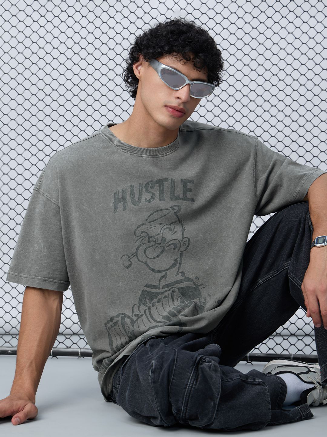 The Souled Store Men Popeye Grey Printed Cotton Oversized Fit T-Shirts