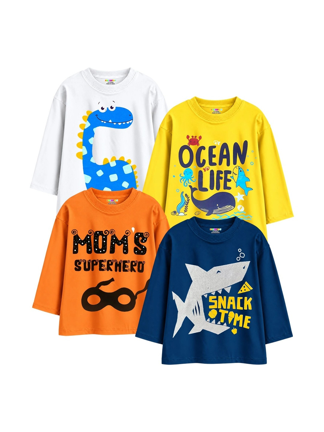 KUCHIPOO Boys Pack Of 4 Typography Printed Round Neck Long Sleeves Regular Fit T-Shirt