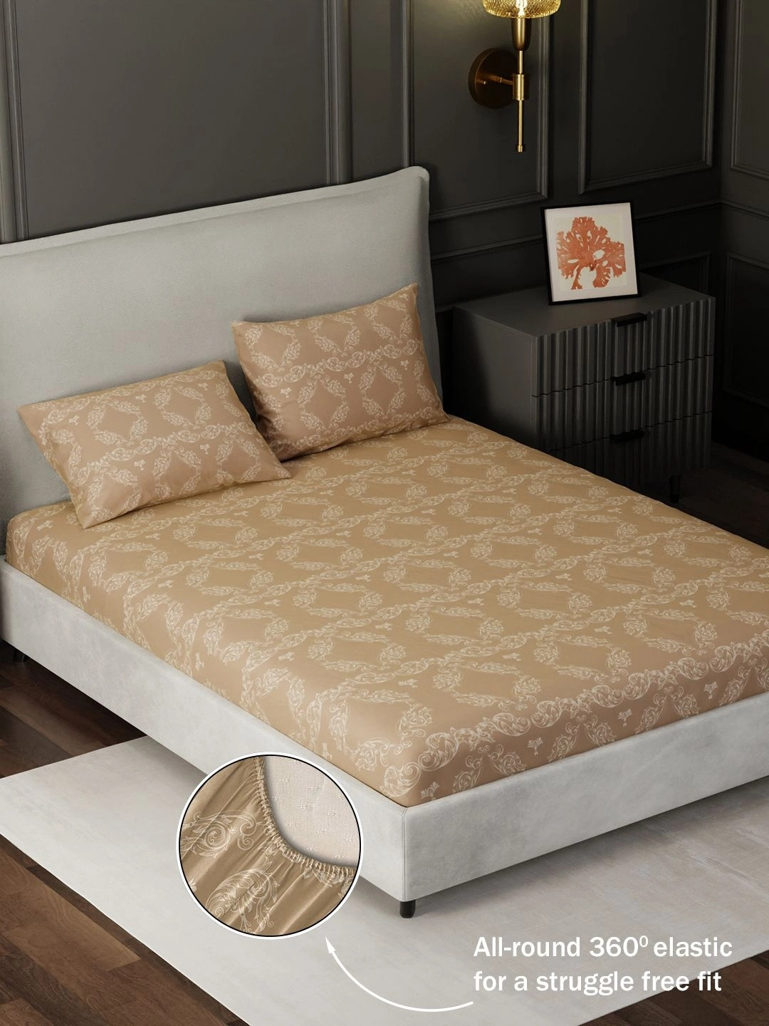 BLISSHOME Beige Floral 150 TC King Bedsheet with 2 Pillow Covers