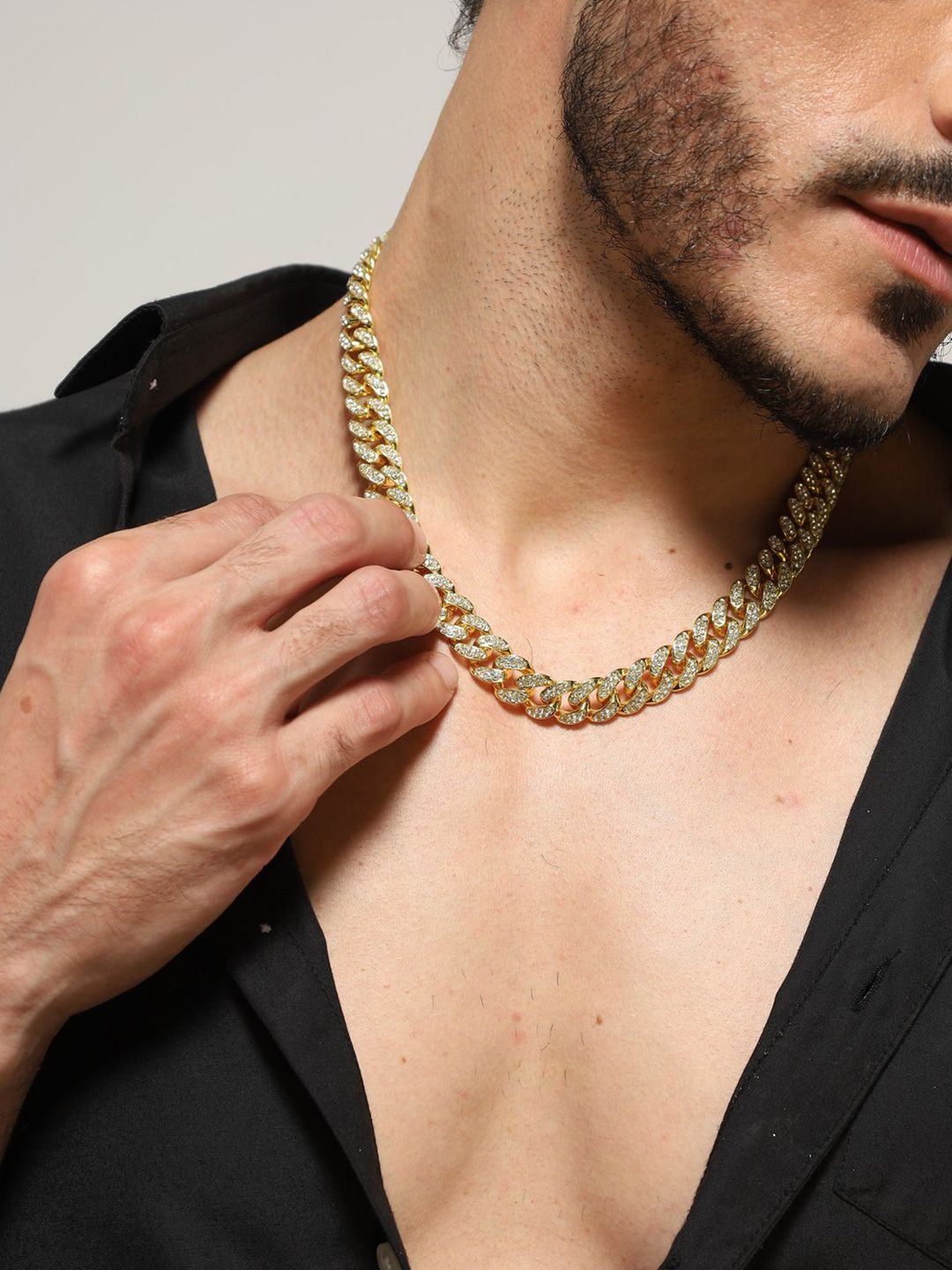 Jewelor Men's Gold-Plated Stainless Steel CZ Studded Cuban Chain