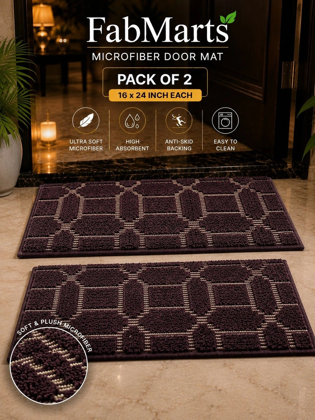 FabMarts 2-Pcs Brown Anti Skid Door Mats