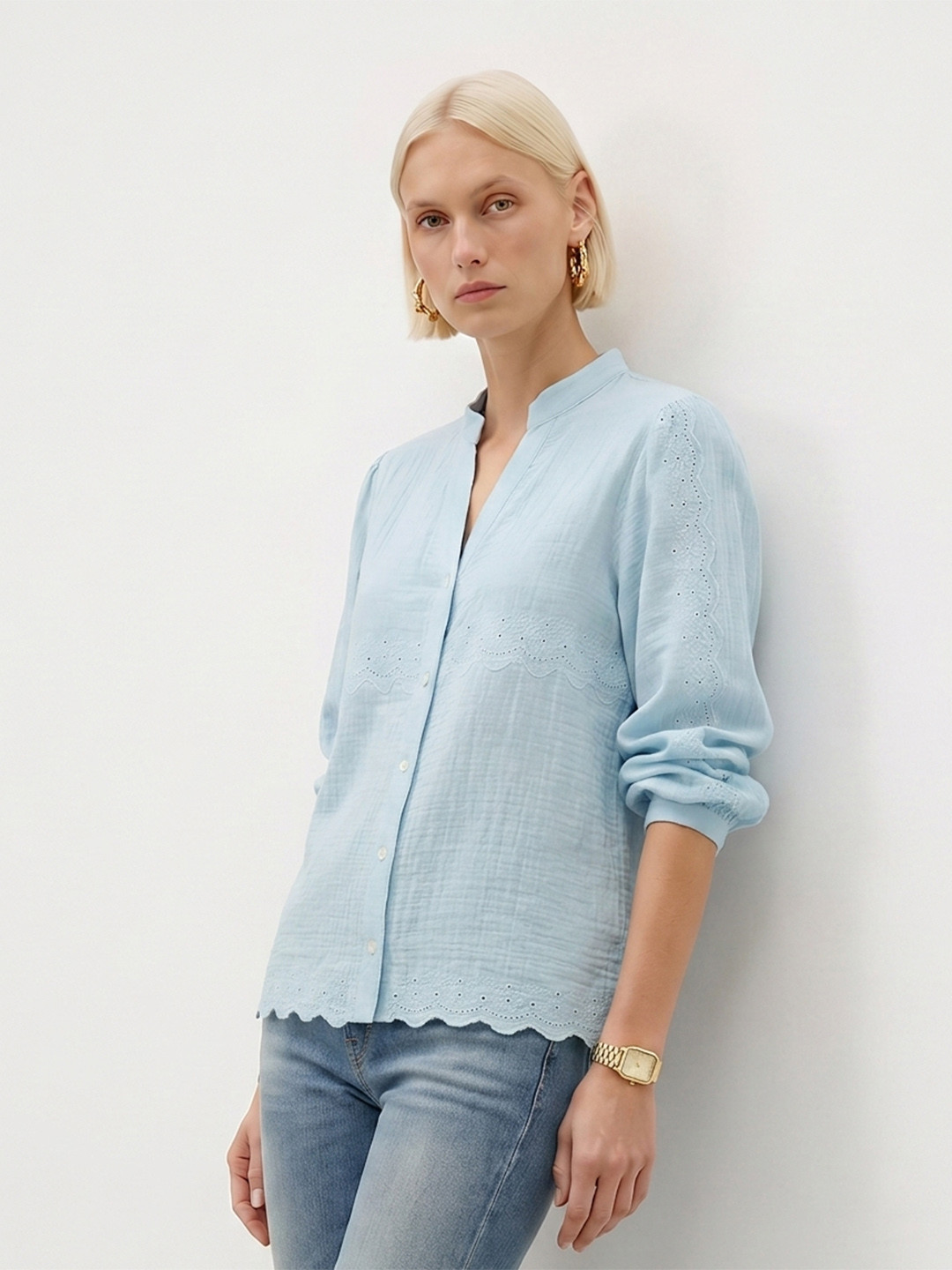 Nautica Self Design Mandarin Collar Casual Top
