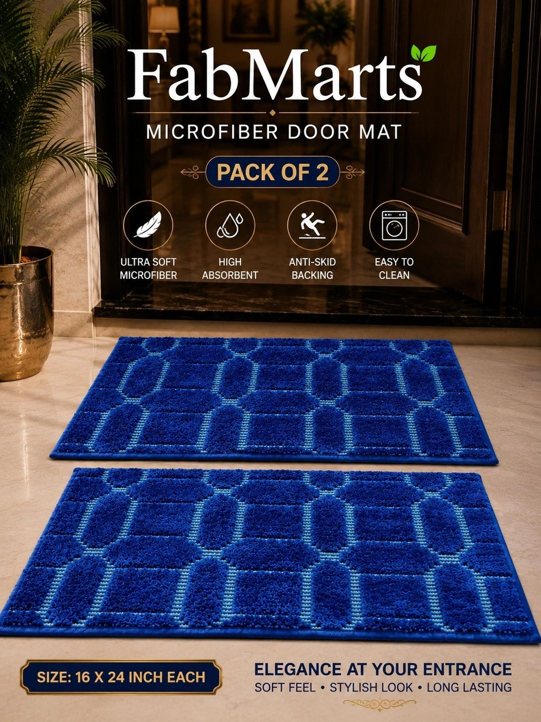 FabMarts 2-Pcs Blue Textured Anti Skid Door Mats