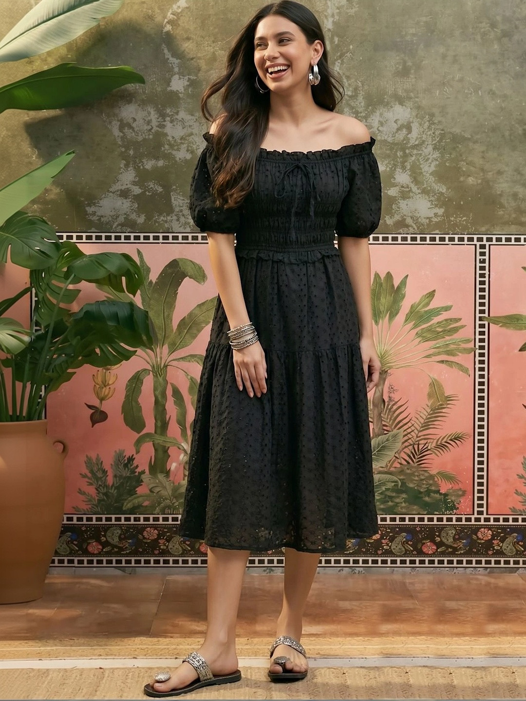 CLO Off-Shoulder Puff Sleeve A-Line Midi Dress