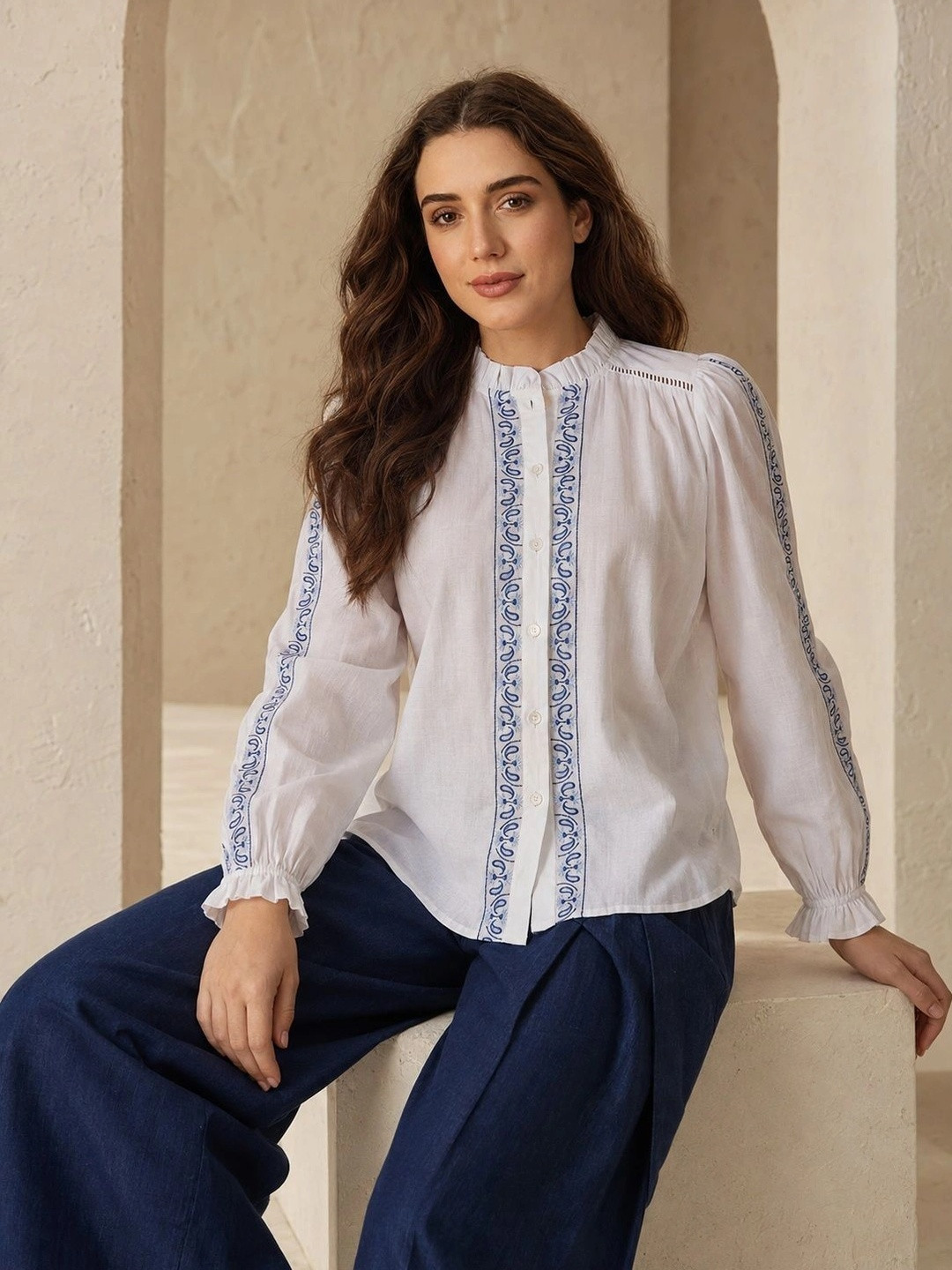 CLO  Women Embroidered Button-Down  Cotton Top