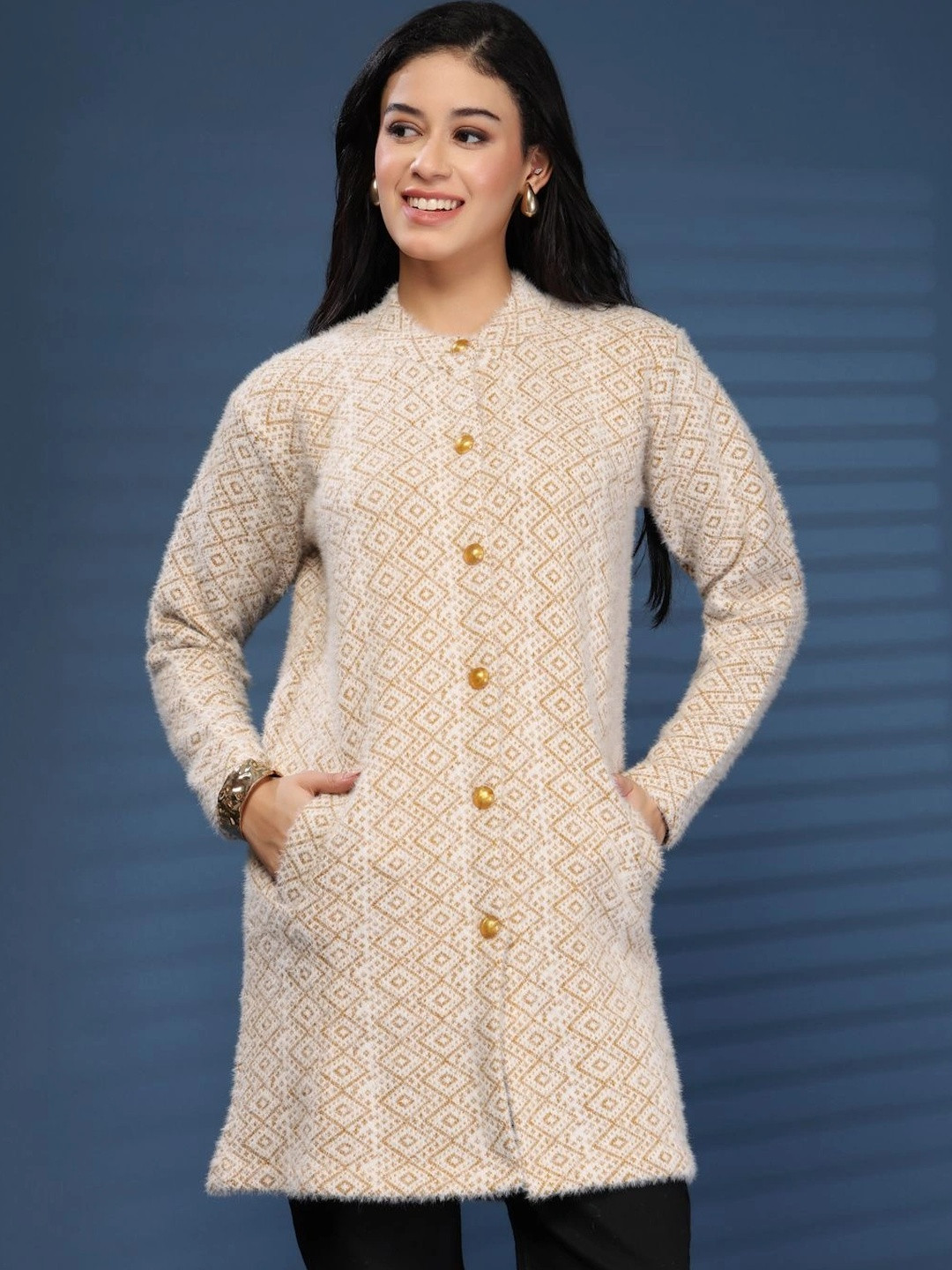 KALINI Women Printed Woollen Longline Cardigan
