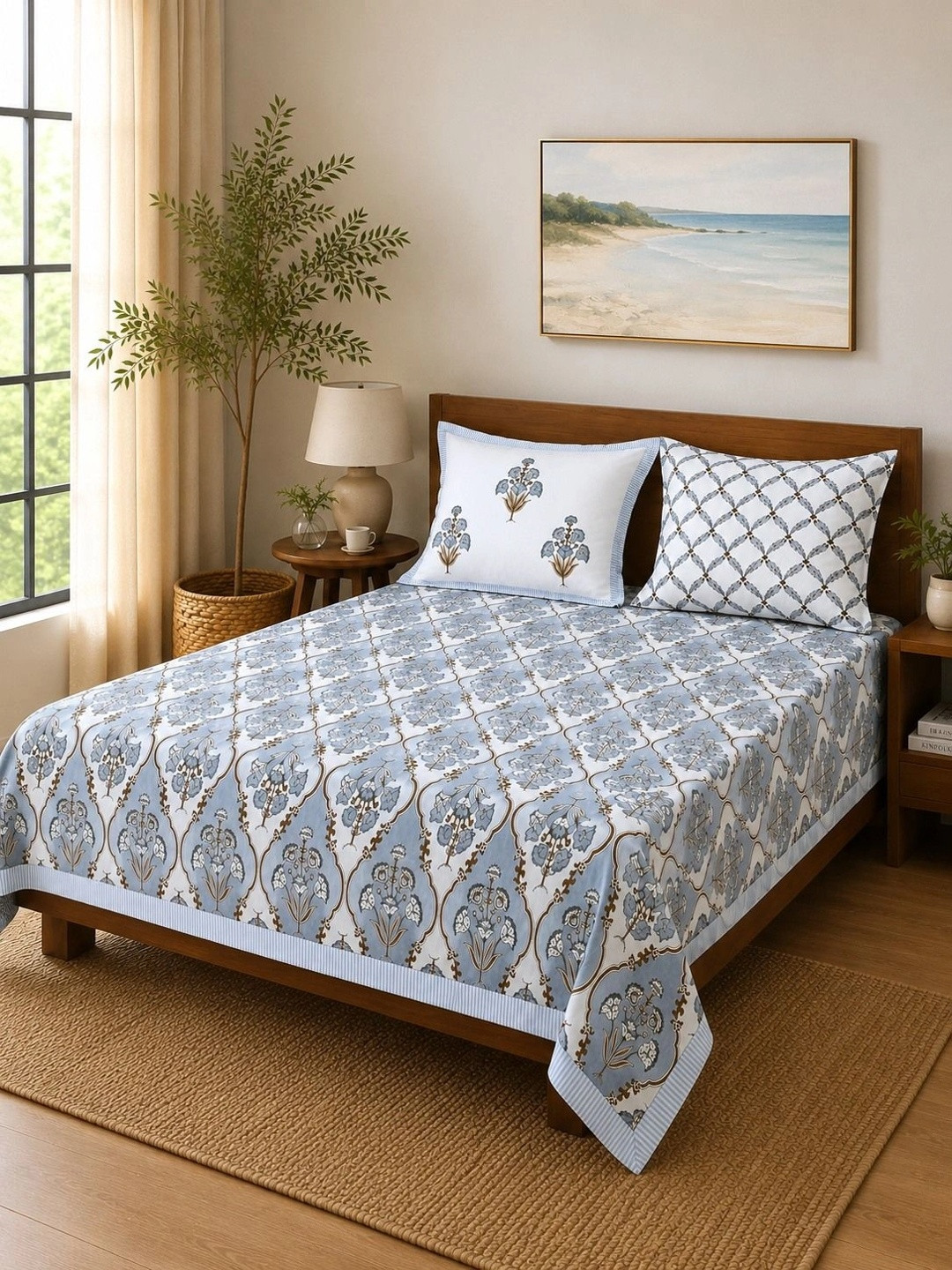 Rajasthan Decor White & Grey Floral Printed Cotton 210 TC Super King Bedsheet Set 2.5 m x 2.7 m