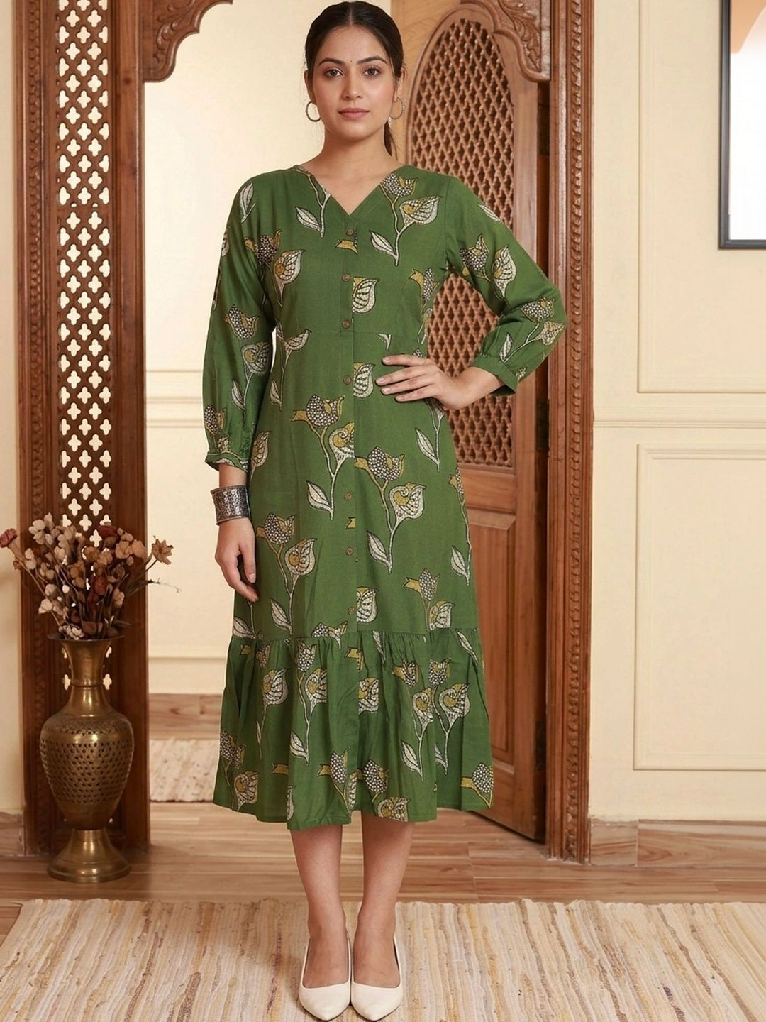 NEED APPARELS Women Ethnic Motifs Printed V-Neck Cotton A-Line Midi Dress