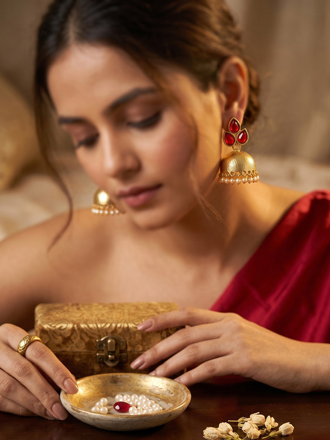 Zaveri Pearls Gold-Toned & Red Dome Shaped Jhumkas