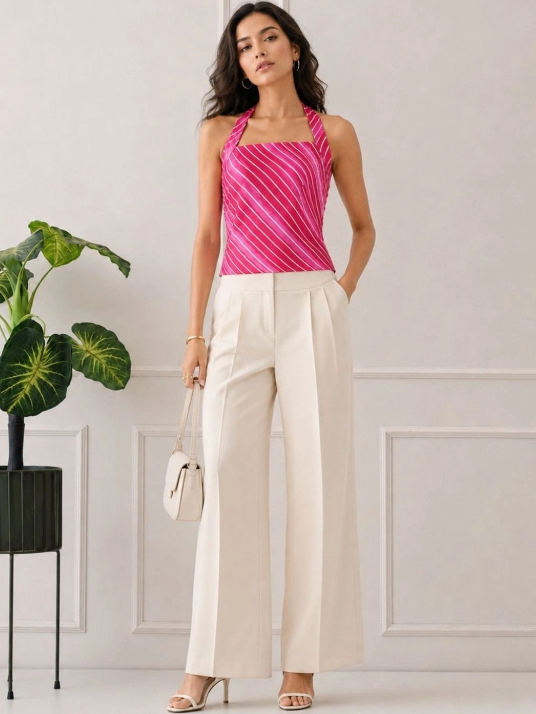 KALAMIR Women Striped Halter Neck Sleeveless Cotton Top