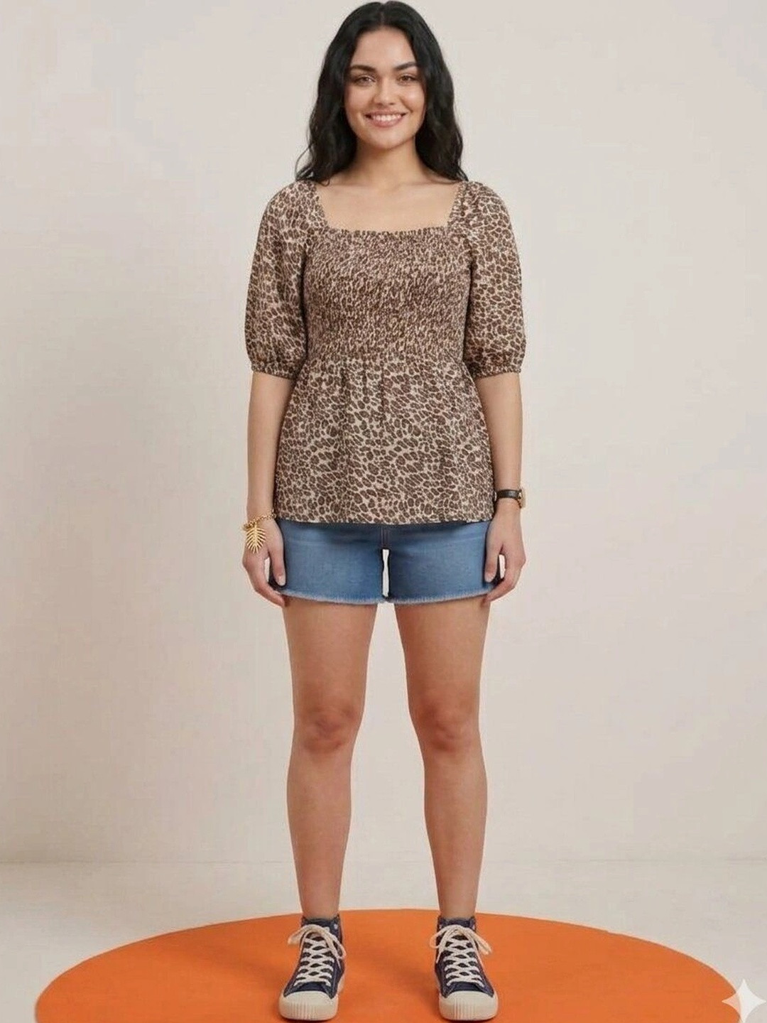 RANGRIWAZ Women Animal Print Puff Sleeve Cotton Blend Peplum Top