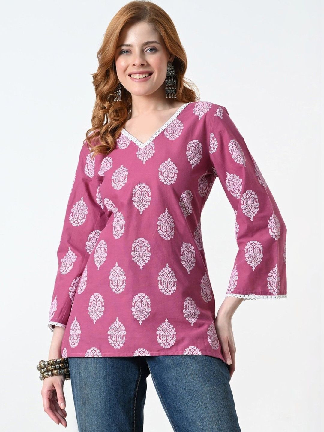 PHYSIL Ethnic Motifs Printed V-Neck Pure Cotton Kurti
