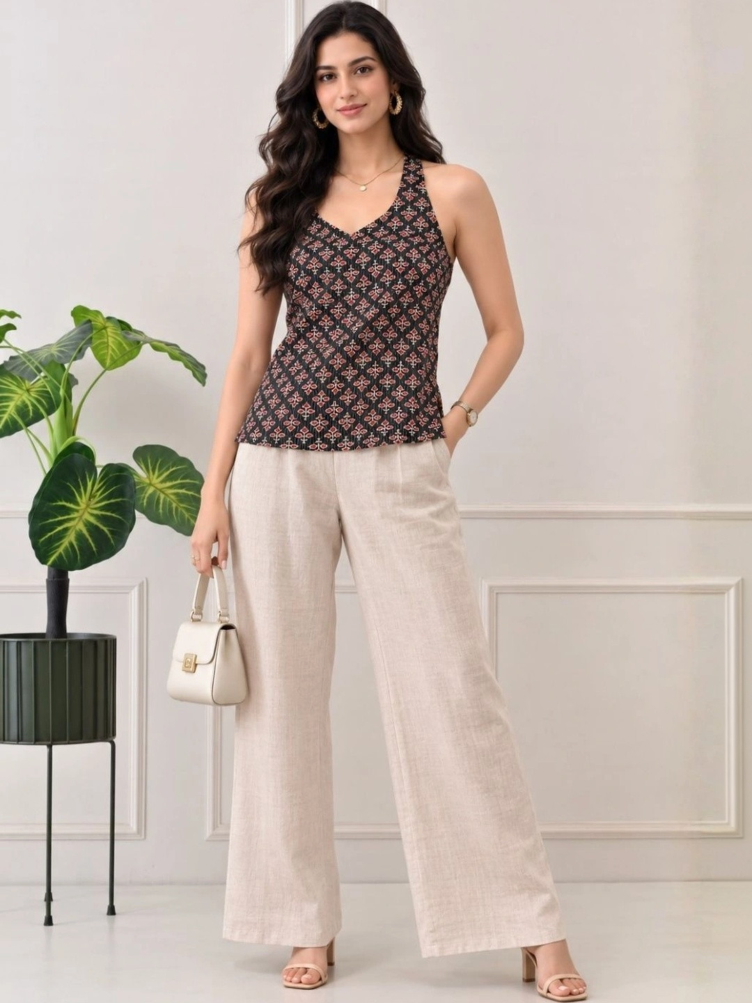 KALAMIR Women Ethnic Motifs Printed Halter Neck Cotton Regular Top