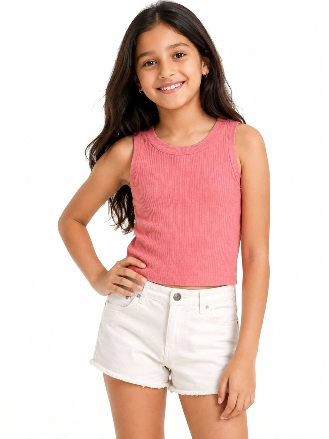 CHILINS Girls Ribbed Round Neck Crop Tank Top