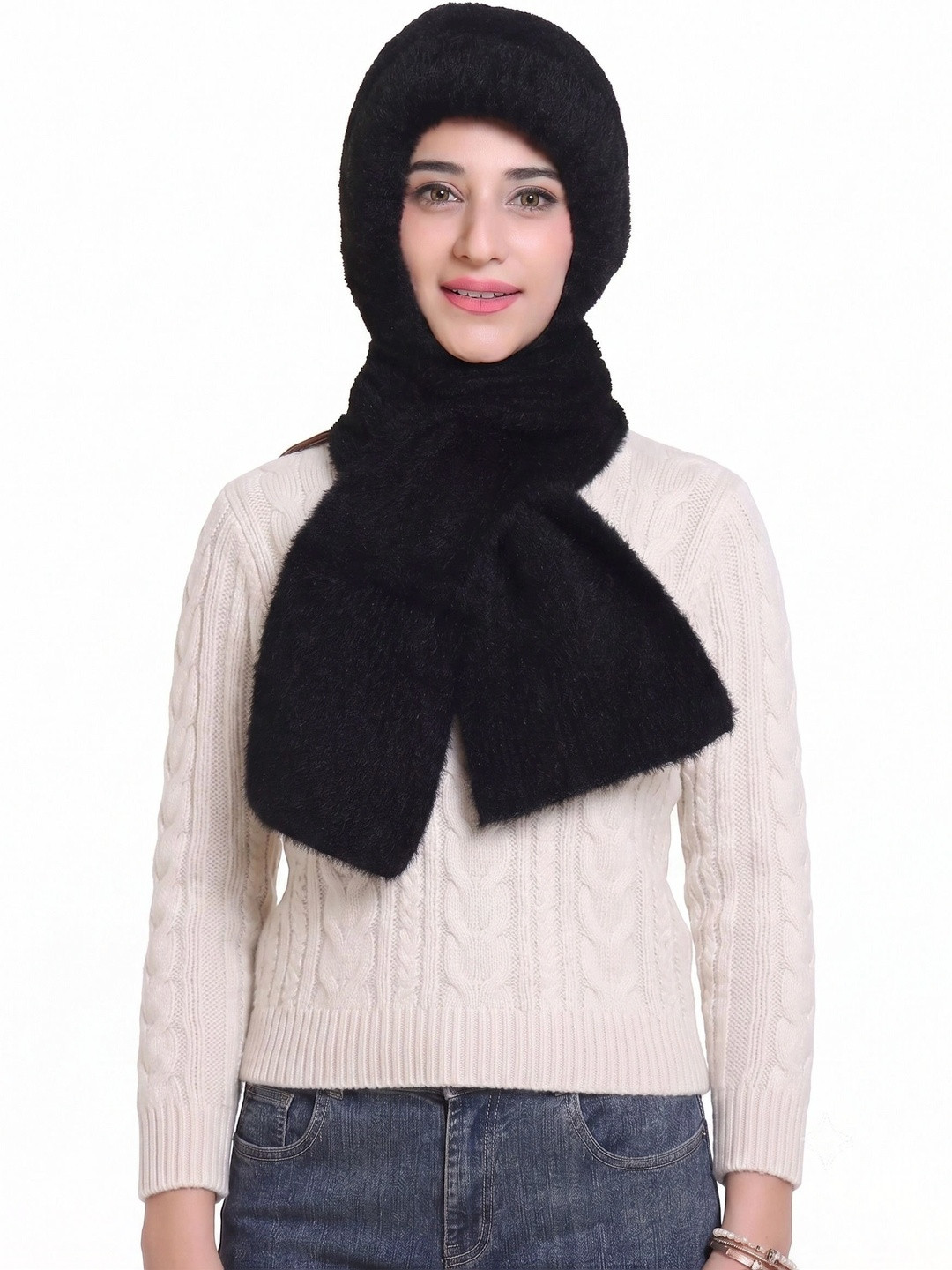 Gajraj Self Design Woolen Beanie With Attached Muffler